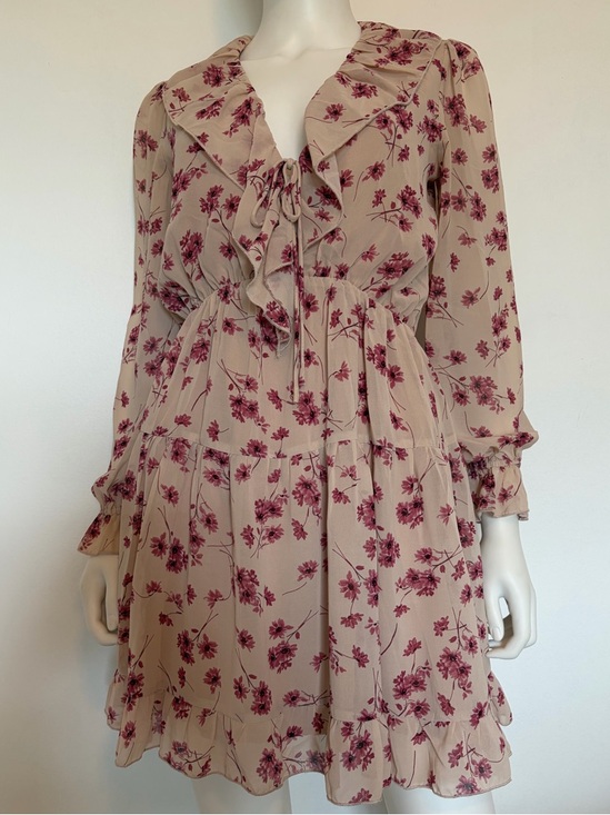 Aakaa Dresses & Skirts - #664 Aakaa Blush Beige Floral Ruffle Tie-Neck Long Sleeve Dress